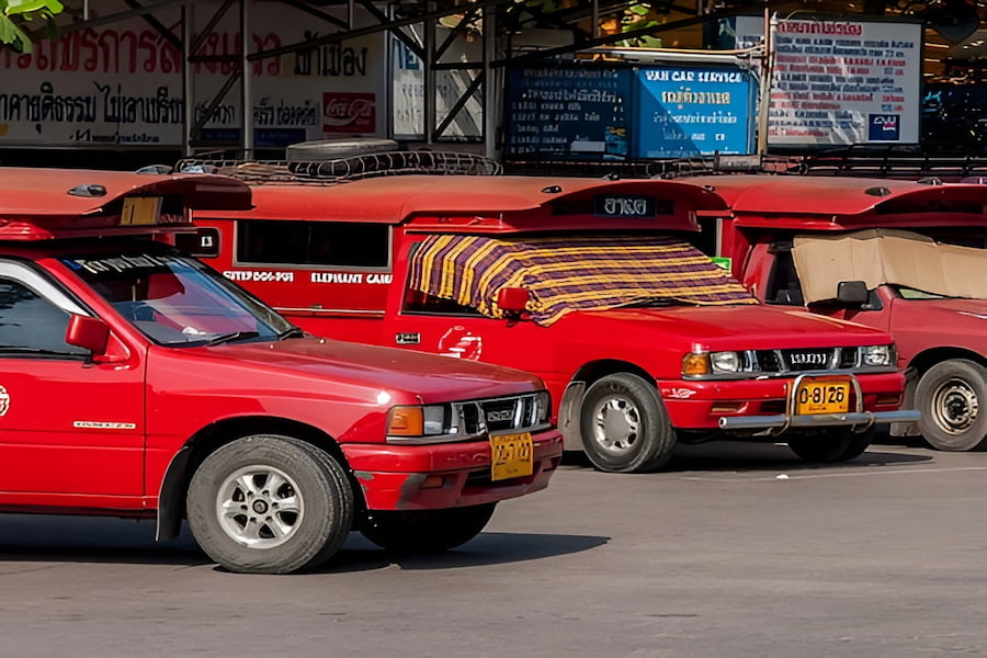 Un classico taxi rosso (songthaew) in viaggio verso Mae Rim.