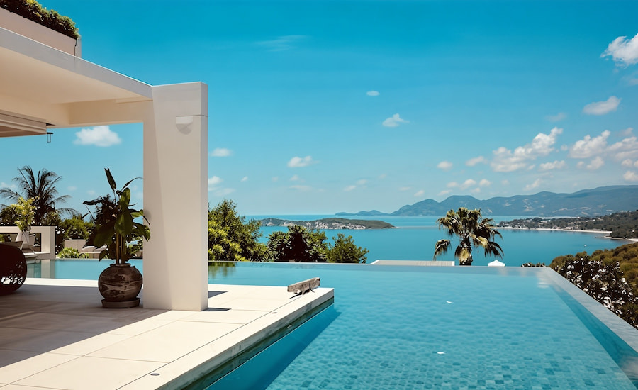 Una lussuosa piscina a sfioro affacciata sulle acque calme di Koh Samui