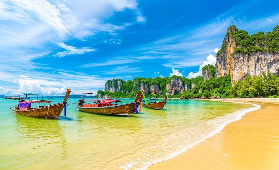 Barche tradizionali thailandesi ormeggiate sulla spettacolare spiaggia di Railay a Krabi