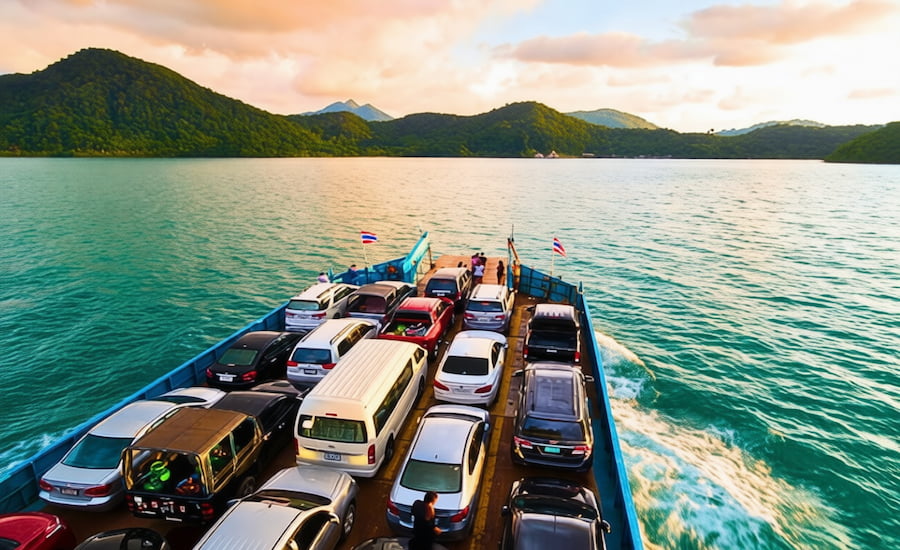 Traghetti veloci e motoscafi in attesa dei passeggeri al porto in Thailandia