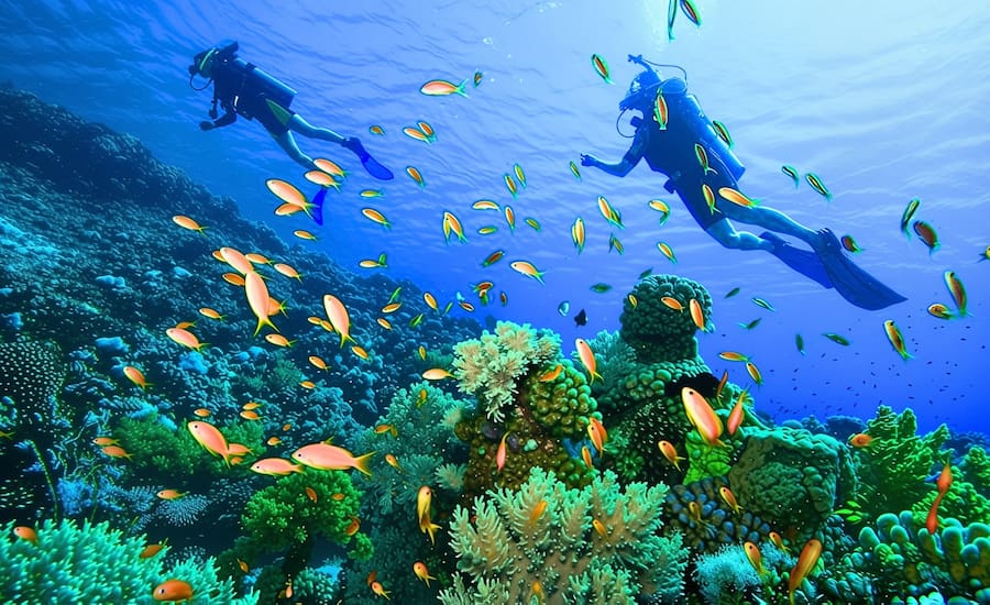 Appassionato esploratore fa divertente snorkeling nelle limpide acque tropicali esaminando i coralli