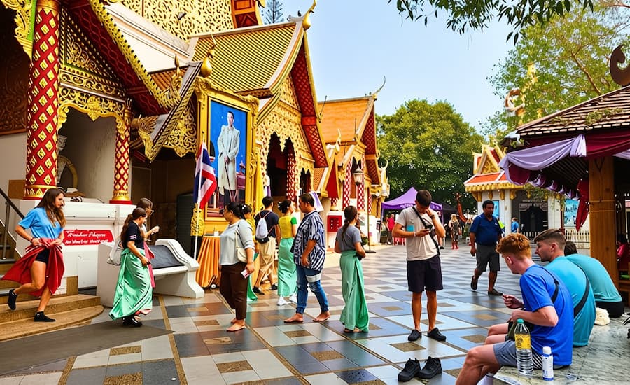 Turisti internazionali in visita ai luoghi storici e culturali della Thailandia