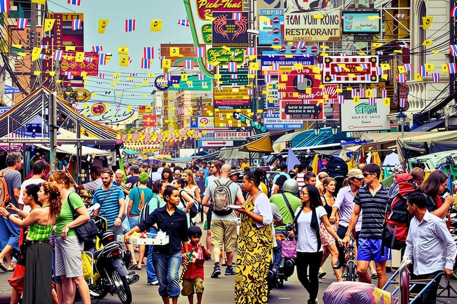 L'affollata e luminosa strada di Khao San Road