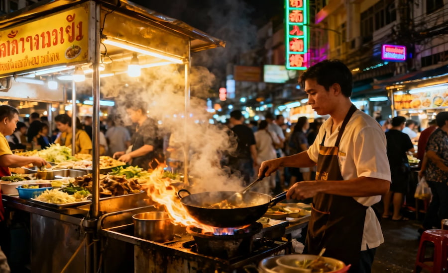 Bancarella di street food in Thailandia ricca di piatti tipici colorati