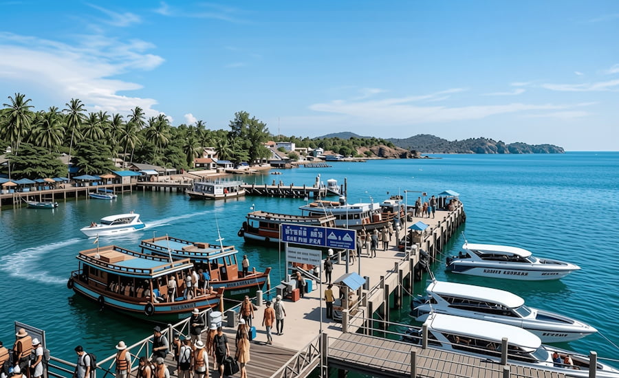 Traghetti e motoscafi in partenza per Koh Samet dal molo di Ban Phe