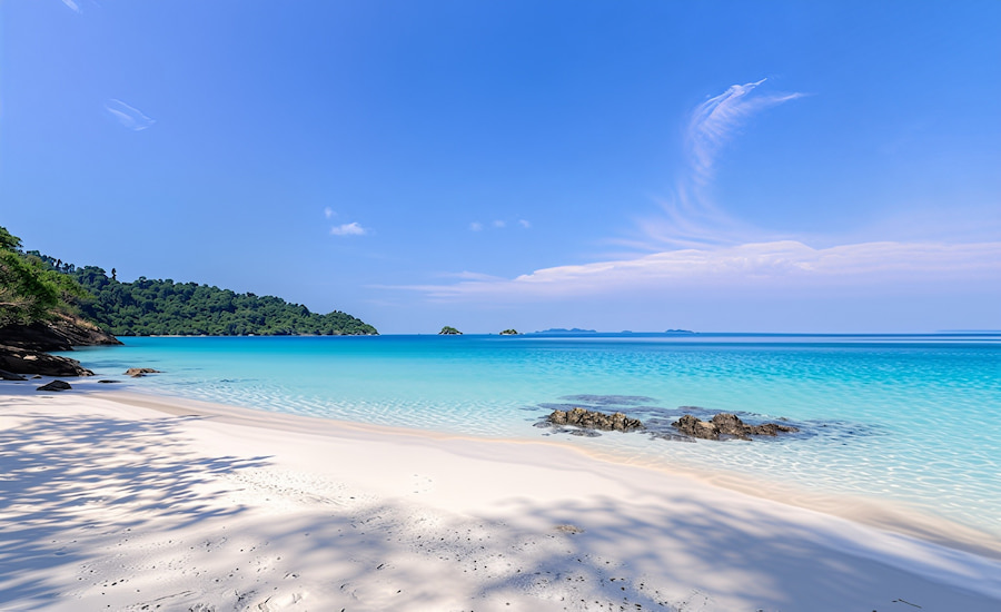 Giornata soleggiata e mare calmo sulla spiaggia di Koh Chang durante la stagione secca