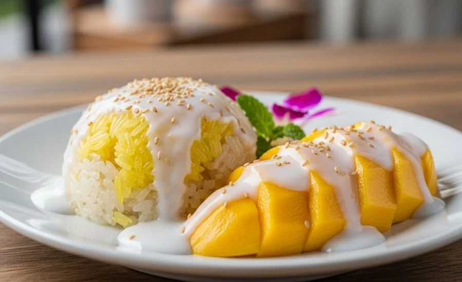 Tradizionale Mango Sticky Rice con riso al cocco e mango fresco