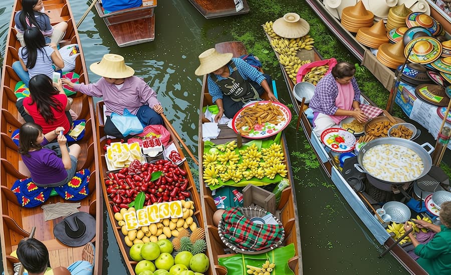 Barche tradizionali in legno cariche di frutta e cibo in un mercato galleggiante thailandese